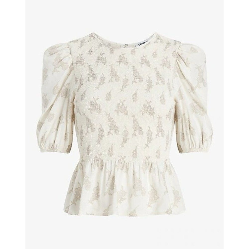 Linen-Blend Floral Smocked Puff Sleeve Peplum Top | Rose Floral Print | White